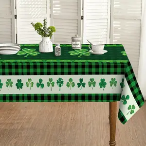 St. Patrick’s Day Shamrock Tablecloth for Dining Table Green Plaid Clover Polyester Table Cover for Holiday Home Decor Rectangle Shape