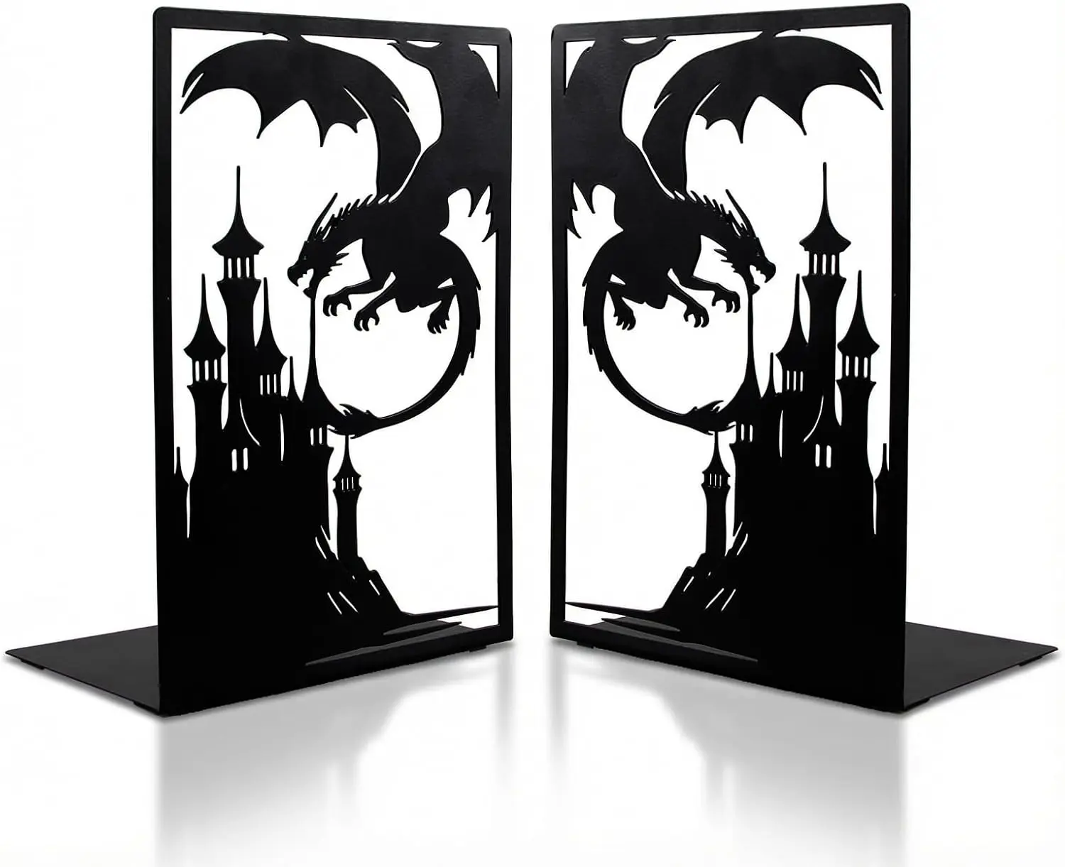 Miganest Gothic Dragon All-Metal Bookends, 2-Piece Set with Medieval Fantasy Laser-Cut Black Castle Design, 7.1x4.7in Non-Slip Base Fantasy Desk Organizer for Books in Home Library Office Stationery, Gothic Dragon Designs