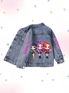 Y2K Sweet Cool Q Version K-Pop Girl Group Print Denim Jacket, Soft Elastic Breathable, Girls 1-8 Years, Birthday Party Daily Wear