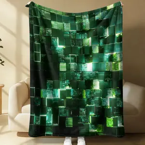 Cyberpunk Neon Block Plush Blanket, Base with Neon Glow 3D Blocks, Soft Flannel, Ideal for Tech Lovers and Gaming Rooms