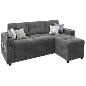 Grey 84 Inch L-Shaped Sleeper Sofa - Sectional Couch with Pull Out Mattress - Dual Storage Armrests Cup Holders - Space Saving Design