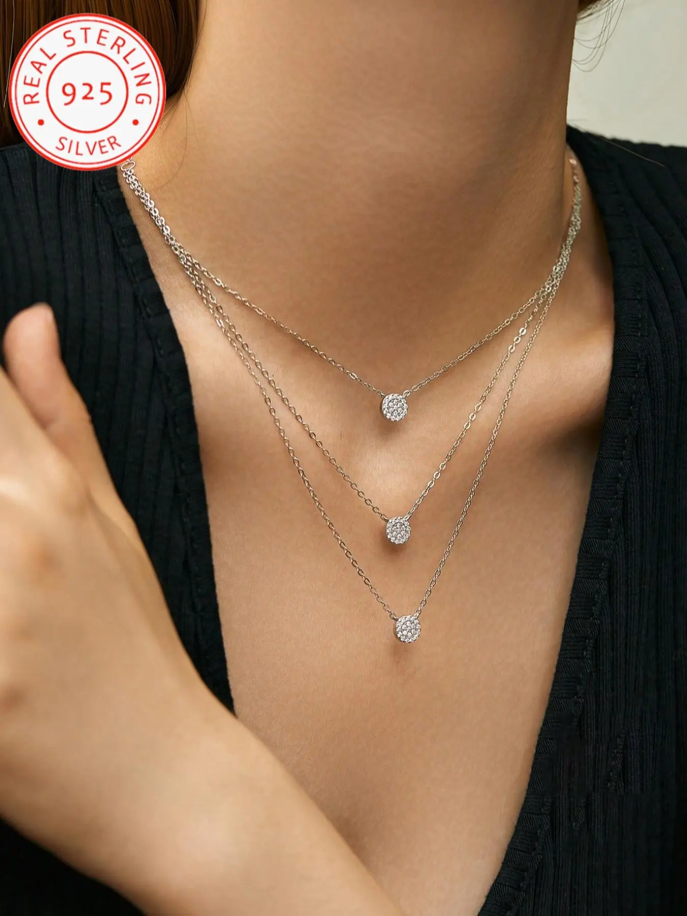 925 Silver Three-Layer Disc Pendant Necklace, Exquisitely Set with Cubic Zirconia, Sparkling Beauty for Everyday, Party, and Vacation Wear, Round Pendant Necklace, Accessory Necklace