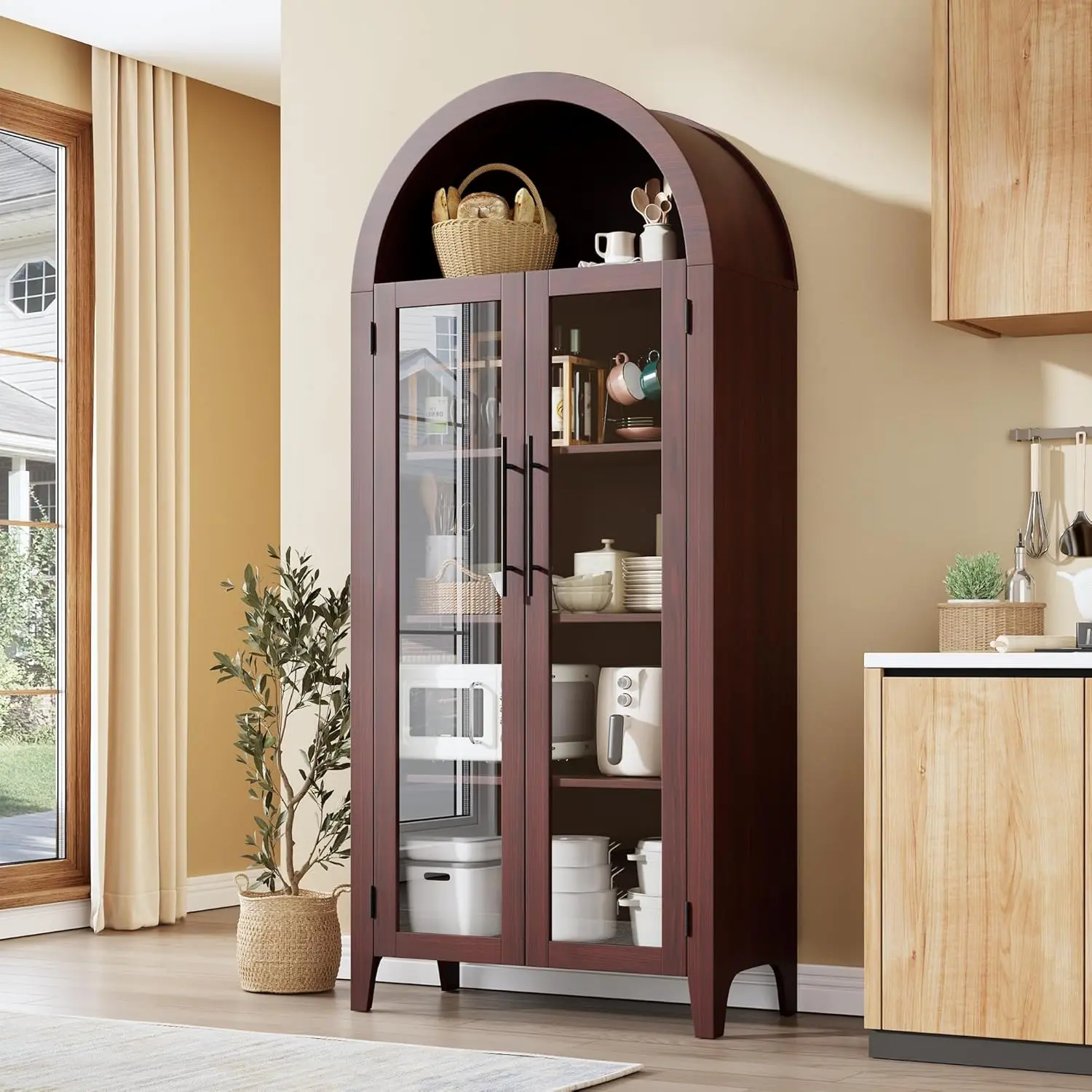 Walnut Freestanding 5-Level Multi-Purpose Glass Cabinet - Farmhouse Arched Kitchen Pantry with 2 Large Glass Doors, 5-Tier Display Shelves (1 Adjustable), Versatile Storage Cupboard for Kitchen, Dining Room, Five-Level Glass Cabinets, Freestanding Glass C