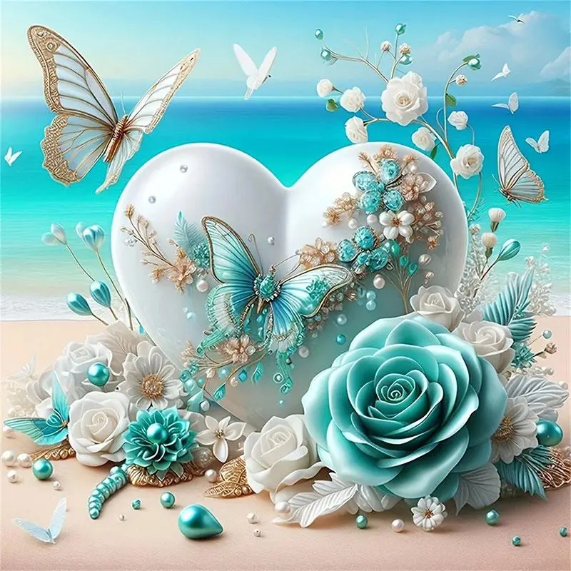 Beach Themed Heart Shaped DIY Diamond Arts Colorful Painting Kit without Frame, DIY 5D Diamond Arts Colorful Painting Kit, Wall Art Decor for Home, Diamond Painting Kits