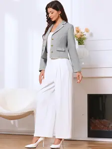 INSPIRE CHIC Women's Dressy Casual Tweed Jacket Vintage Notched Lapel Long Sleeve Cropped Blazer