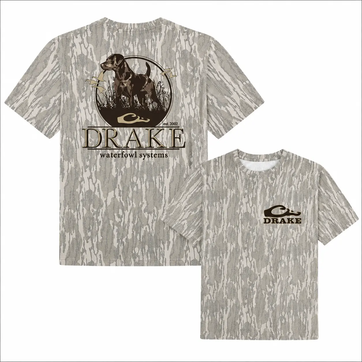 Drake Standing Black Lab T-Shirt Mossy Oak Bottomland Camo T-Shirt, Waterfowl Hunting Tee for Men, Breathable Polyester, Quick Dry Outdoor Short Sleeve Shirt
