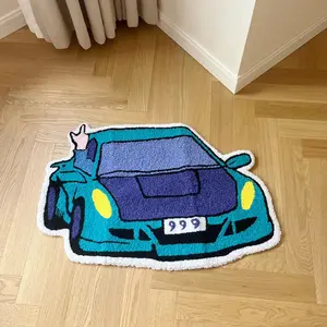 Turquoise & Purple Racing Car Shaped 100% Acrylic Shag Rug, 75 x 50 cm Non-Slip Novelty Floor Mat for Bedrooms, Kids' Spaces