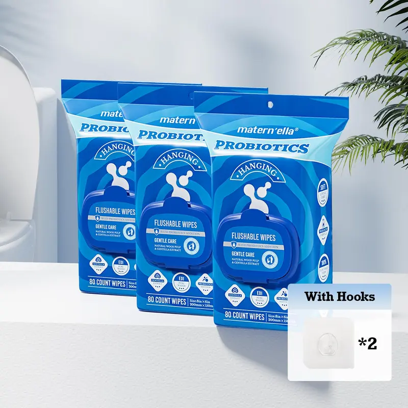 Matern'ella Unscented Probiotic Adult Wipes - Flushable, XL, 99% Water Clean Mild Formula, Plant-Based Fibers, Alcohol-Free, Skin Care, Corner-Connected Design Hang & Reseal Pack, 3 Packs 240 Wipes