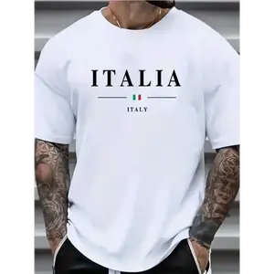 100% Cotton Breathable & Soft Men's Italian Flag Graphic T-Shirt, White Short Sleeve with "ITALIA" Print, Perfect for Outdoor Sports, Casual Wear, and Holiday Celebrations