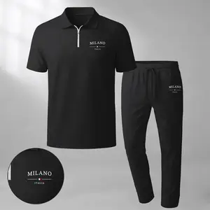 Men's MILANO Print Zip-Up Collar Short-Sleeve Polo Shirt And Pants Two-Piece Set, Made With Waffle Knit Fabric, Breathable And Comfortable, Soft Texture, And A Relaxed Fit, Suitable For Everyday Casual Wear.
