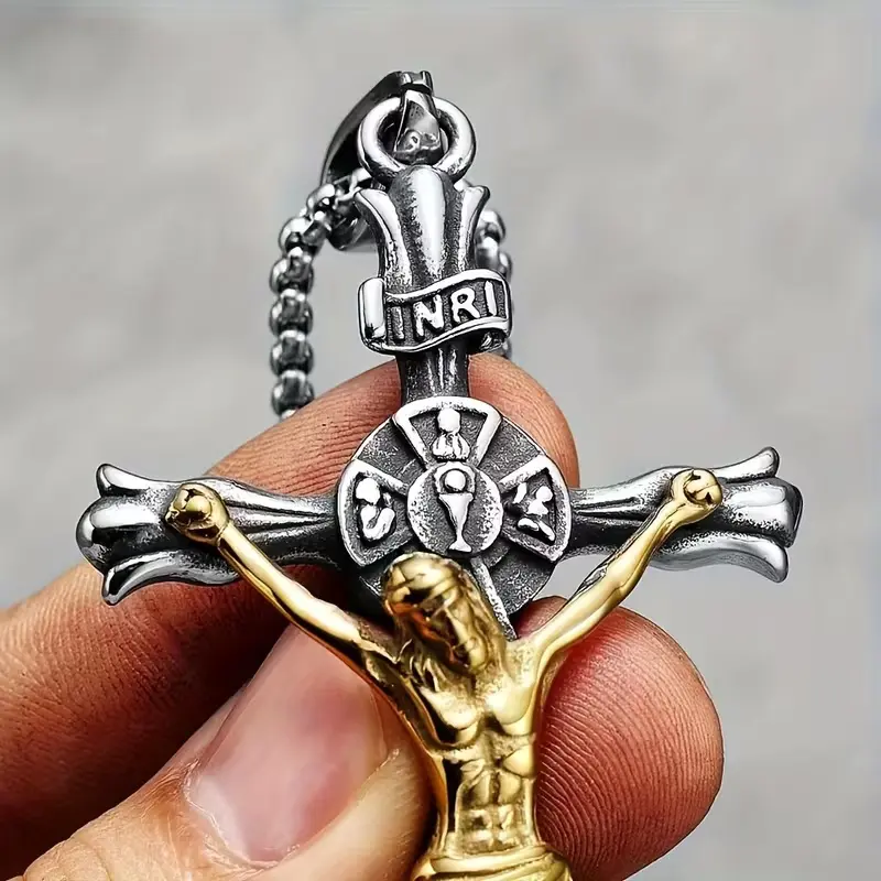 Unisex Retro Stainless Steel Cross Chain Necklace - Metal-Coated Long Chain Necklaces, Religious Faith Pendant Jewelry, Lasting Wear Gift for Faithful Individuals Cross Necklace Chain Cross Link Chain