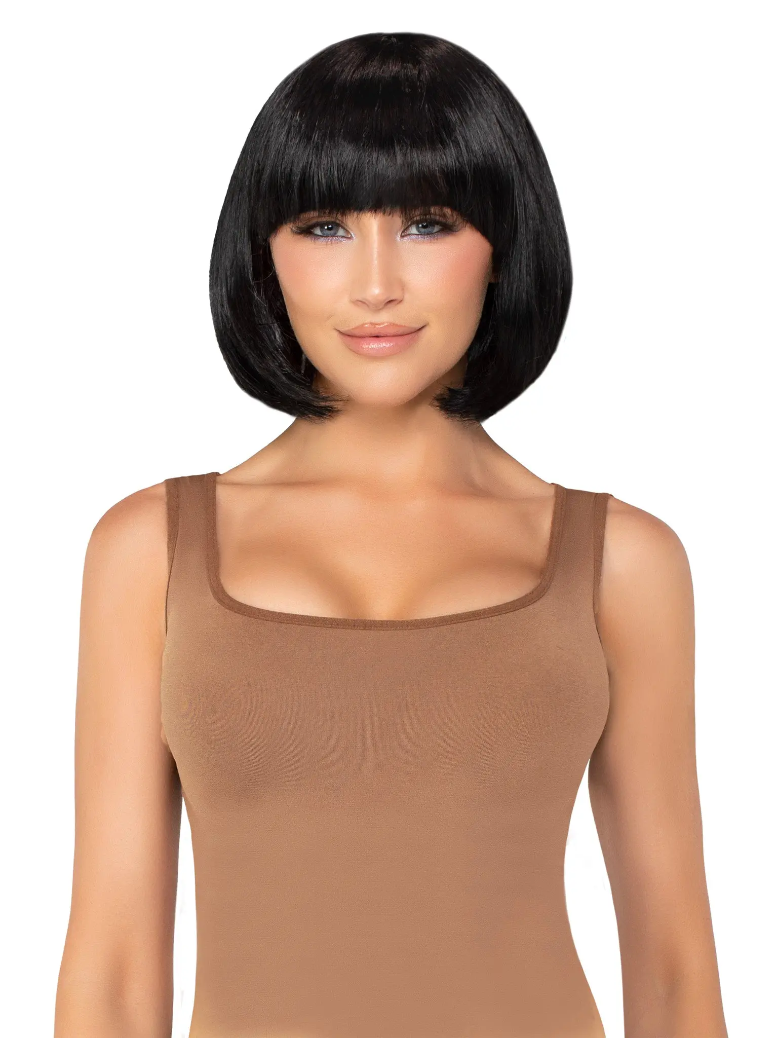 Women's 14" Short Egyptian Straight Synthetic Fiber Wig - Blunt Cut, Bangs, 100% Olefin, Full Machine-Made, Adjustable Fashion Accessory, Bangs Wig, Synthetic Hair Wig, Blunt Cut Wig
