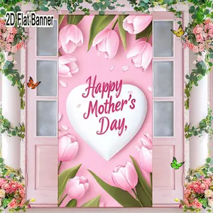 2D flat banner, 1pcHappy Mother's Day Pink Tulip Backdrop, Heart Decor for Mother's Day Party, Cursive Text Banner for Mom Gift Video Backgroundgalentines party decor, valentine day decor, decorations for valentines day