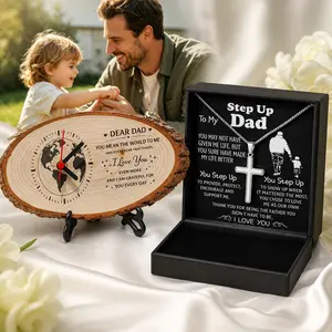 Father’s Day Wooden Clock & Cross Necklace Gift Set for Dad, Grandpa, Stepdad – Rustic Wood Plaque with Heartfelt Message, Birthday & Thank You Gift for Him