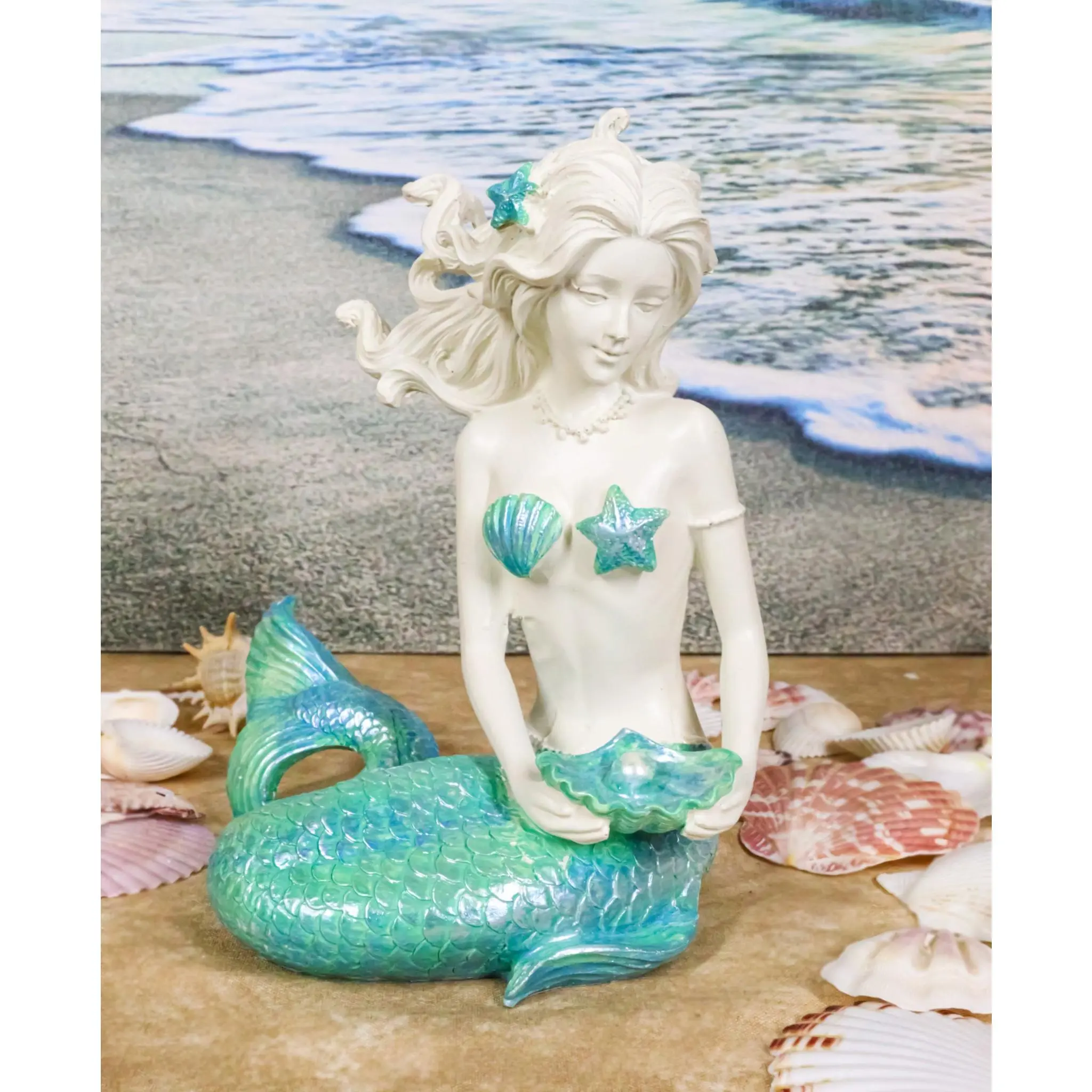 Nautical Aqua Capiz Blue Tailed Mermaid Holding Pearl In Clam Shell Figurine