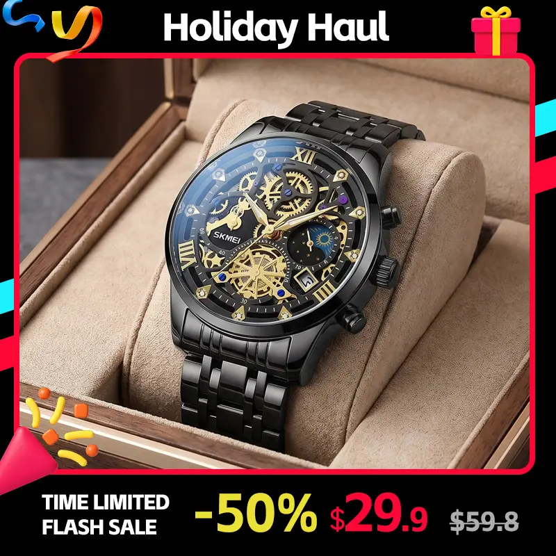 SKMEI Casual Trendy Wristwatch for Men, 40mm Vintage Retro-Inspired Analog with Stainless Steel Band, Alloy Case, and Calendar, Vintage Fashion Watch, Leather, 30M - 50M, Analog Face, Classic Style, Hardlex Glass, Buckle, Chic Fashion Men's Watches, Lumin