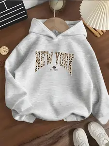Girls' Hooded Sweatshirt Leopard Print New York Letter Pattern, Casual Urban Style, Soft Fabric, Unique Fashion, Spring & Fall