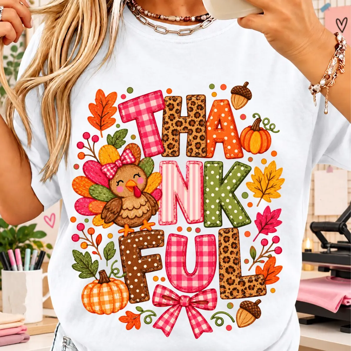 Thankful Turkey Shirt, Cute Fall Thanksgiving T-Shirt, Leopard Plaid Thankful Graphic Tee, Pumpkin Maple Leaf Acorn Shirt, Autumn Harvest Outfit, Thanksgiving Gift for Man Women