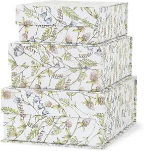 Decorative Cardboard Storage Boxes, Set of 3 Floral  Keepsake Boxes with  Closure, Nesting Memory Storage for Organizing and  Decor,  Garden