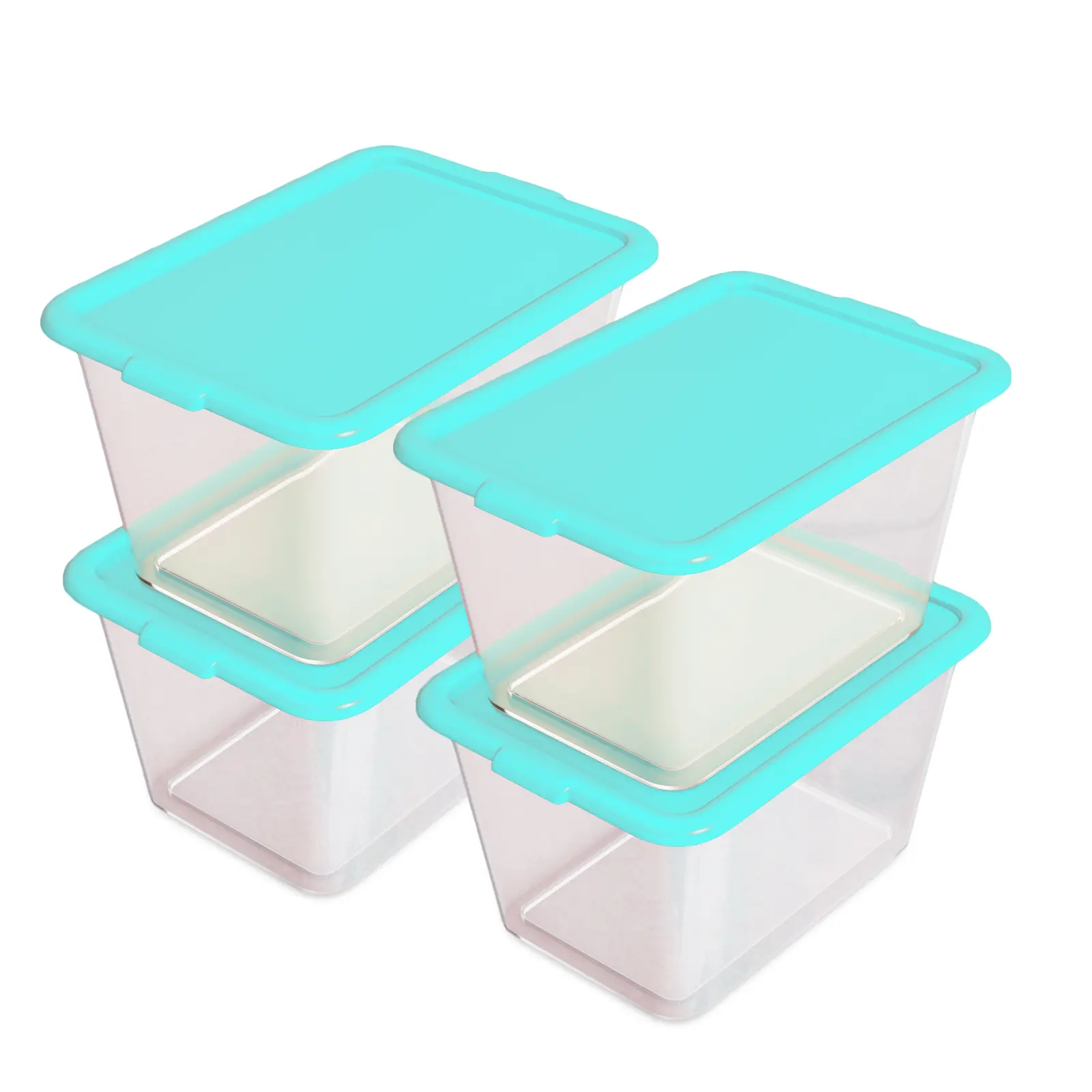 Simplykleen Clear Storage Bins with Aqua Lids, 4-Pack 14.5 Gal Heavy-Duty Stackable Nestable Plastic Totes, USA-Made Organizers for Closet, Office, Dorm