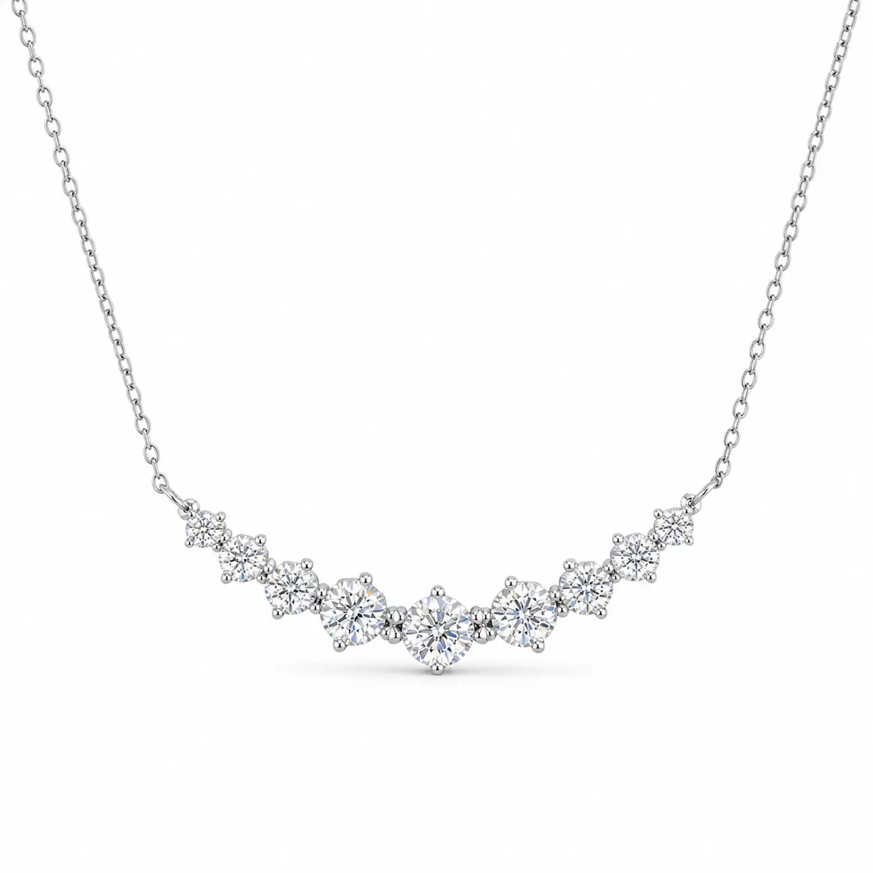 Women's S925 Sterling Silver 9-Stone Graduated Moissanite Curved Bar Necklace, 4-Prong Setting D Color VVS Round-Cut Moissanite, Integrated O-Link Chain, Birthday Anniversary Gift