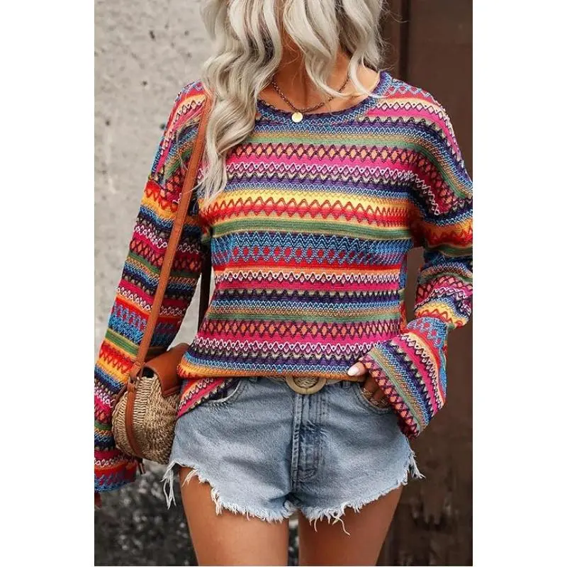 Lady's Rainbow Wave Stripe Longsleeves Pullover Sweater - Casual Stretchy Polyester Fabric Essential Top, Lightweight Holiday Knitwear, Everyday, Valentines Day, Outfits, Rainbow Stripe, Soft, Casual Ootd, Relaxed Fit, Round Neck