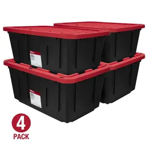 (Pack of 4) Hyper Tough 27 Gallon Large Storage Bin with Snap Lid, Black and Red, Heavy Duty Plastic Storage Container