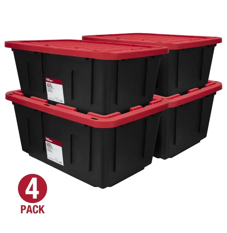 (Pack of 4) Hyper Tough 27 Gallon Large Storage Bin with Snap Lid, Black and Red, Heavy Duty Plastic Storage Container