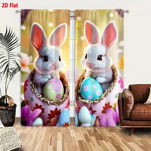 2D Flat Easter Bunny Egg Container 2-Piece Curtain Set, Pastel Floral Eggs Bunnies Design, Light Pink Blue White Egg Containers with Twigs & Decor, Golden Bokeh Background for Spring Festive Home Decor