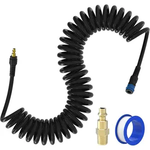 Hardware tools Air Compressor Hose, CGELE 1/4 In x 28 Ft Coiled Air Hose for Compressor Polyurethane Air Hose with Bend Restrictor 1/4" NPT Steel-Plastic Composite Quick Connect Fittings,Black