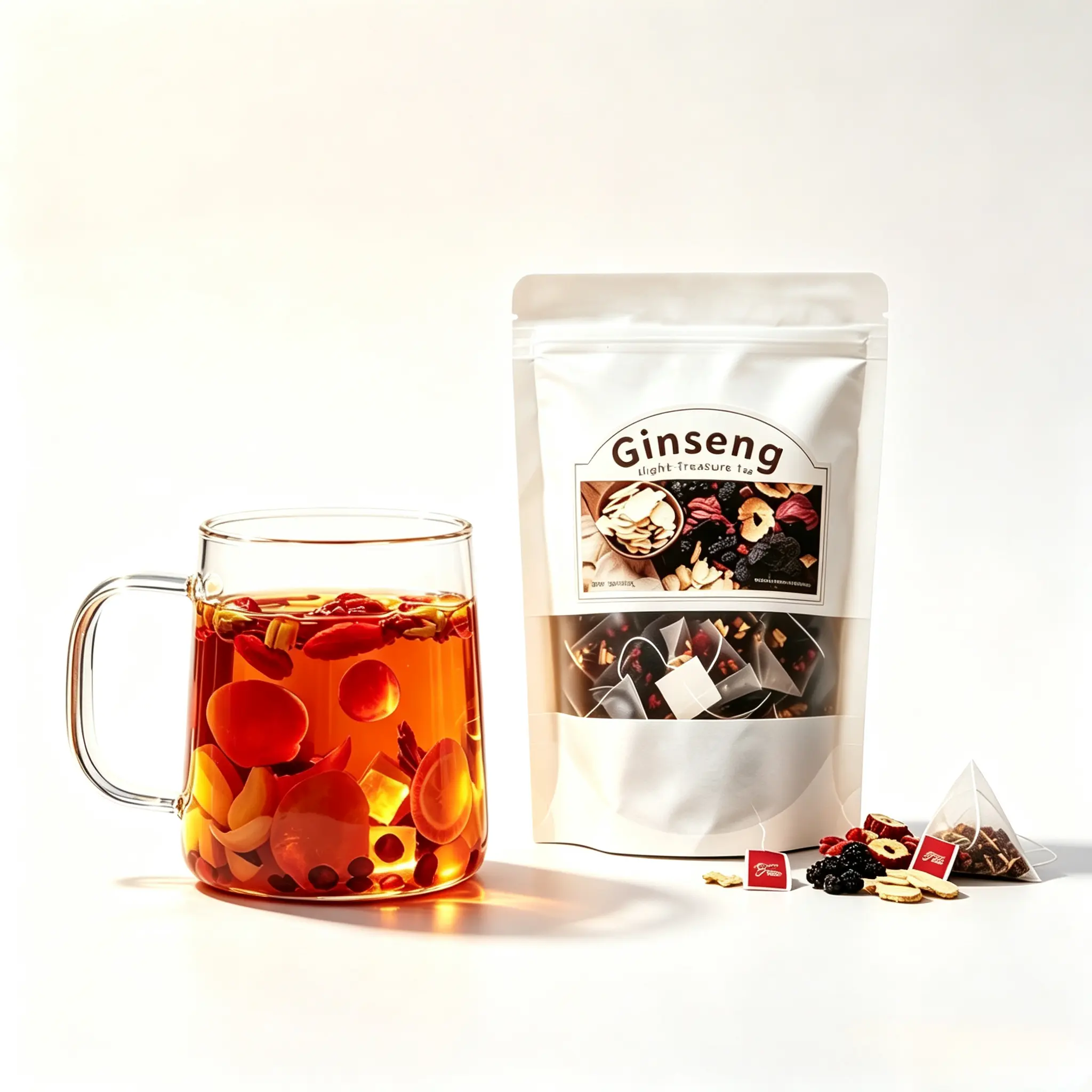 Ginseng Herbal Tea Bags, Caffeine-Free, 8 Natural Ingredients, 30 Sachets, Hot/Cold Brew, Women's Beverage with Red Date, Wolfberry, Gentle Detox, Kidney Support, Alkaline Organic Friendly Tea