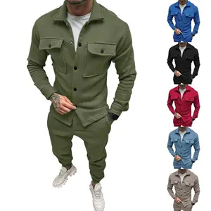 Trendy Men's Spring and Autumn Button Suede Casual Jacket and Pants 2-Piece Set