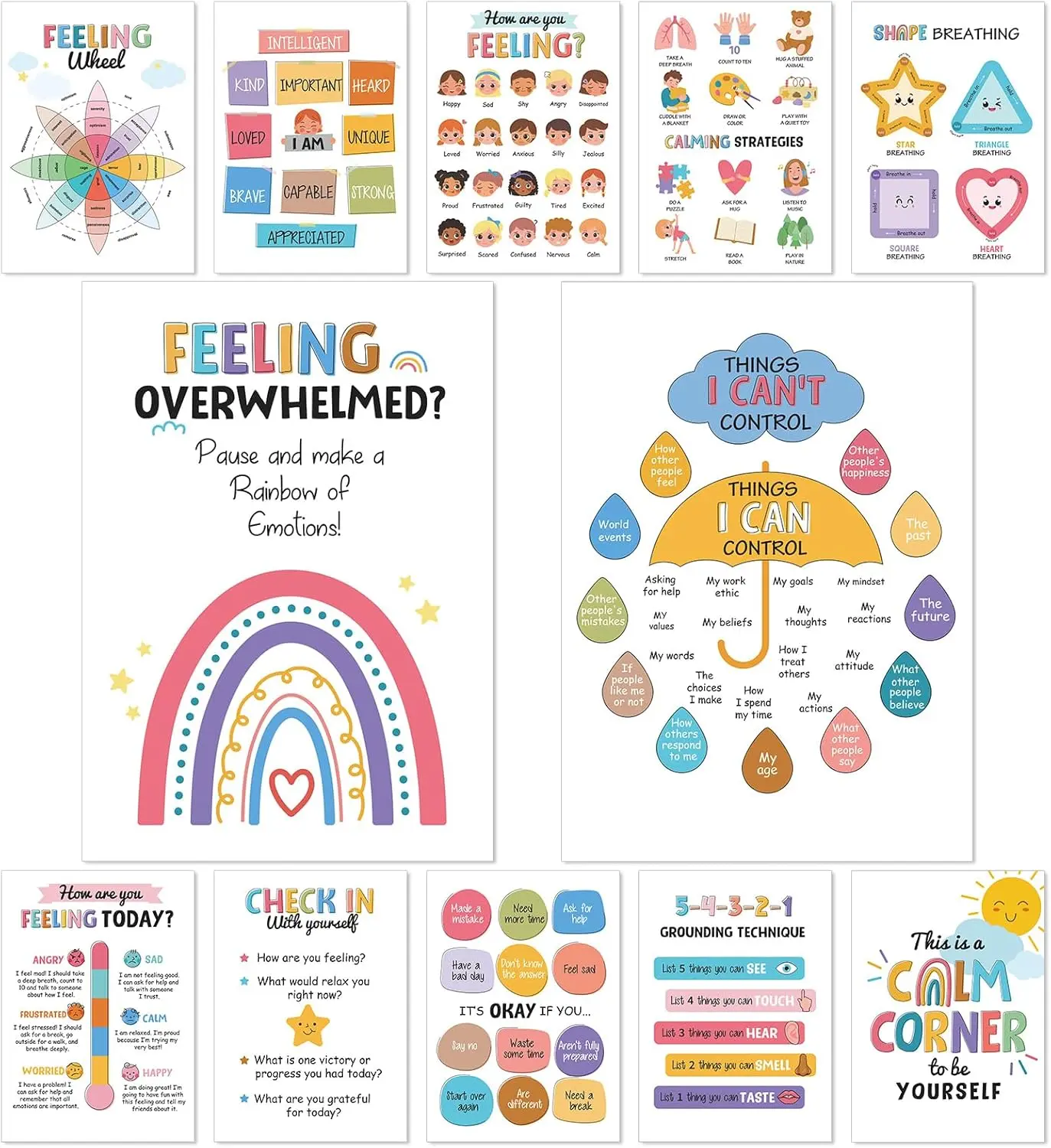12 count Calming Corner Classroom Posters Boho Feelings Wheel Charts Emotions Poster for  Calm Corner Mental  Wall Decorations for Teacher  Classroom Office  Haves