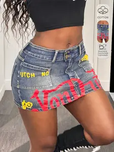 Women's Denim Short Skirt, Vintage Graffiti Print, Y2K High Waist Slim Fit, Elastic, Casual Streetwear, Party Wear