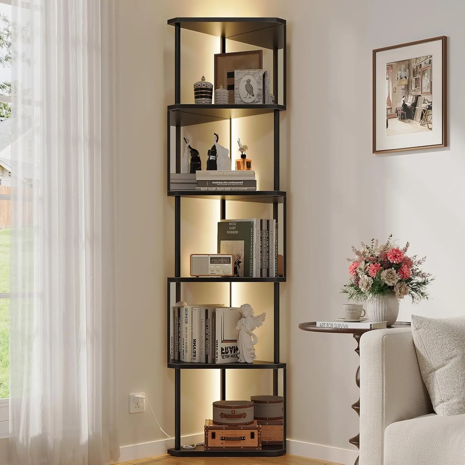 Vividwood Industrial Corner Shelf with LED Lights & Mirror-Effect Panels, 6-Tier Modern Corner Bookshelf with Remote Control Color-Changing Lights, Space-Saving Display Unit for Bedroom & Living Room