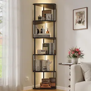 Vividwood Industrial Corner Shelf with LED Lights & Mirror-Effect Panels, 6-Tier Modern Corner Bookshelf with Remote Control Color-Changing Lights, Space-Saving Display Unit for Bedroom & Living Room