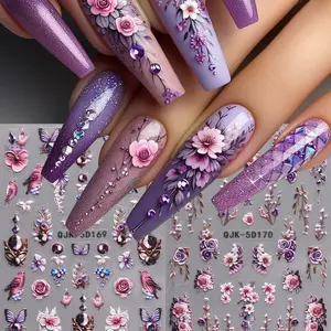 2 Sheets 5D Embossed Flower Nail Stickers, Spring Summer Floral Self-Adhesive Nail Decals, DIY Nail Art Decoration