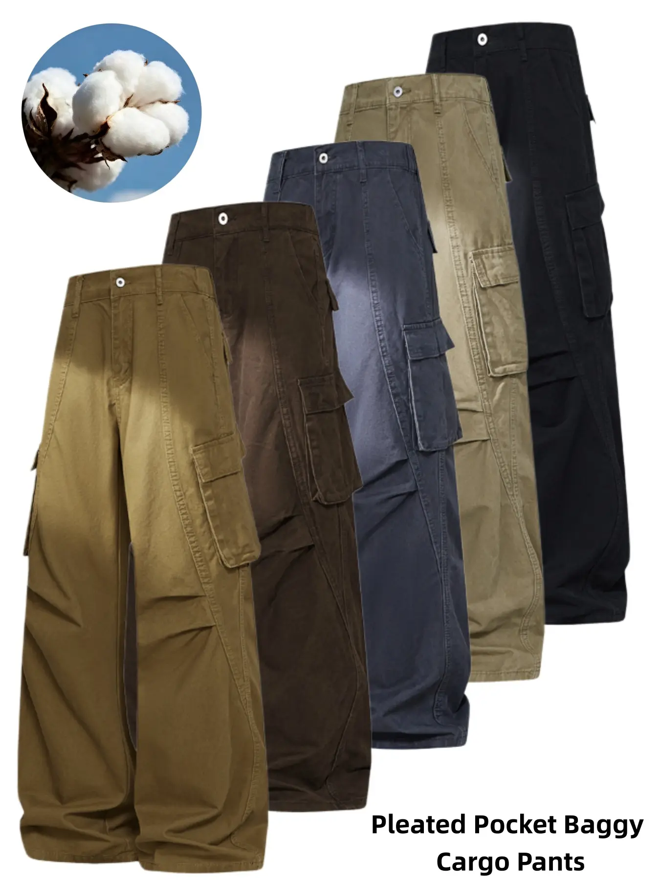 Men's Pleated Pocket Baggy Cargo Pants, Vintage Washed Wide Leg Utility Trousers, Side Pleated Pocket Retro Streetwear Cargo Pants, Elastic Back Waist Oversized Casual Bottoms For Skater Hip Hop Urban Trendy Outfits
