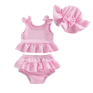 Toddler Baby Girls 3Pcs Bikini Swimsuit Ruffle Striped Sleeveless Tankini Tops Bottom Shorts Sun Hat Quick Dry Bathing Suit Swimwear