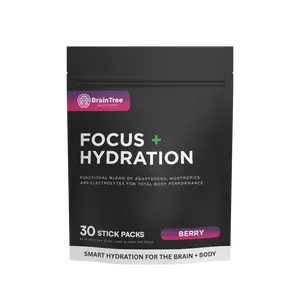 BrainTree Nutrition Focus + Hydration Berry Flavor Nootropics Adaptogens Sugar-Free Hydration Drink Mix 30 Stick Packs for Enhanced Cognitive Function and Total Body Hydration