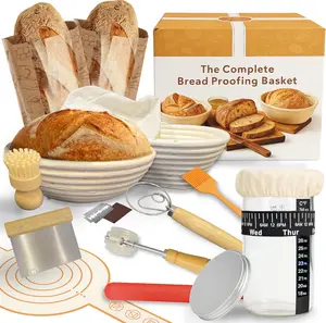 Sourdough Starter & Bread Baking Kit  24 oz Wide-Mouth Fermentation Jar + Round & Oval Rattan Bannetons  Complete Tool Set with Online Recipe Guide