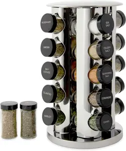 20 Jar Revolving Countertop Spice Rack with Spices Included, FREE Spice Refills for 5 Years, Polished Stainless Steel with Black Caps
