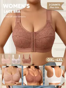 3-Pack Plus Size Front Buckle Casual Lace Bra, 0xl-4xl, Breathable Cups, Adjustable Straps, Wide Shoulder Strap Relief, Comfortable Medium Support