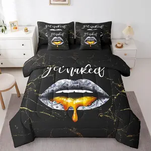 Feelyou 7-Piece Get Naked Lips Bedding Set - Black Gold Marble Bedroom Bedding Set, Decorative Bed in a Bag for Modern Bedroom Styling, Decorative Bedding Set