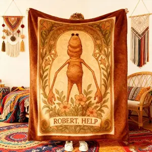 Marcus The Worm Fleece Flannel Blanket, Robert Help Muppet Character Inspired Artistic Floral Throw, Funny Rigatoni Pasta Meme Blanket for Couch Bed or Dorm, Cozy Worm Bedroom Decor for Gamers & Meme Fans,Adults Holiday Birthday Xmas Christmas Party