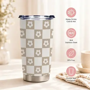 20oz Insulated Stainless Steel Aesthetic Retro Checkerboard Daisy Tumbler Full Set, with Reusable Straw and Cleaning Brush yellow cups