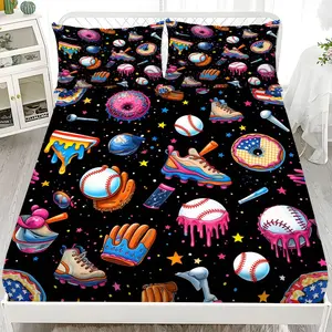 Bed sheet set - 3-piece set with 2D flat printing baseball sports pattern mattress protector, available in ten sizes (1*fitted sheet + 2*pillowcases, without filling). Stylish, soft, and comfortable bedding set, suitable for home bedrooms and guest rooms.