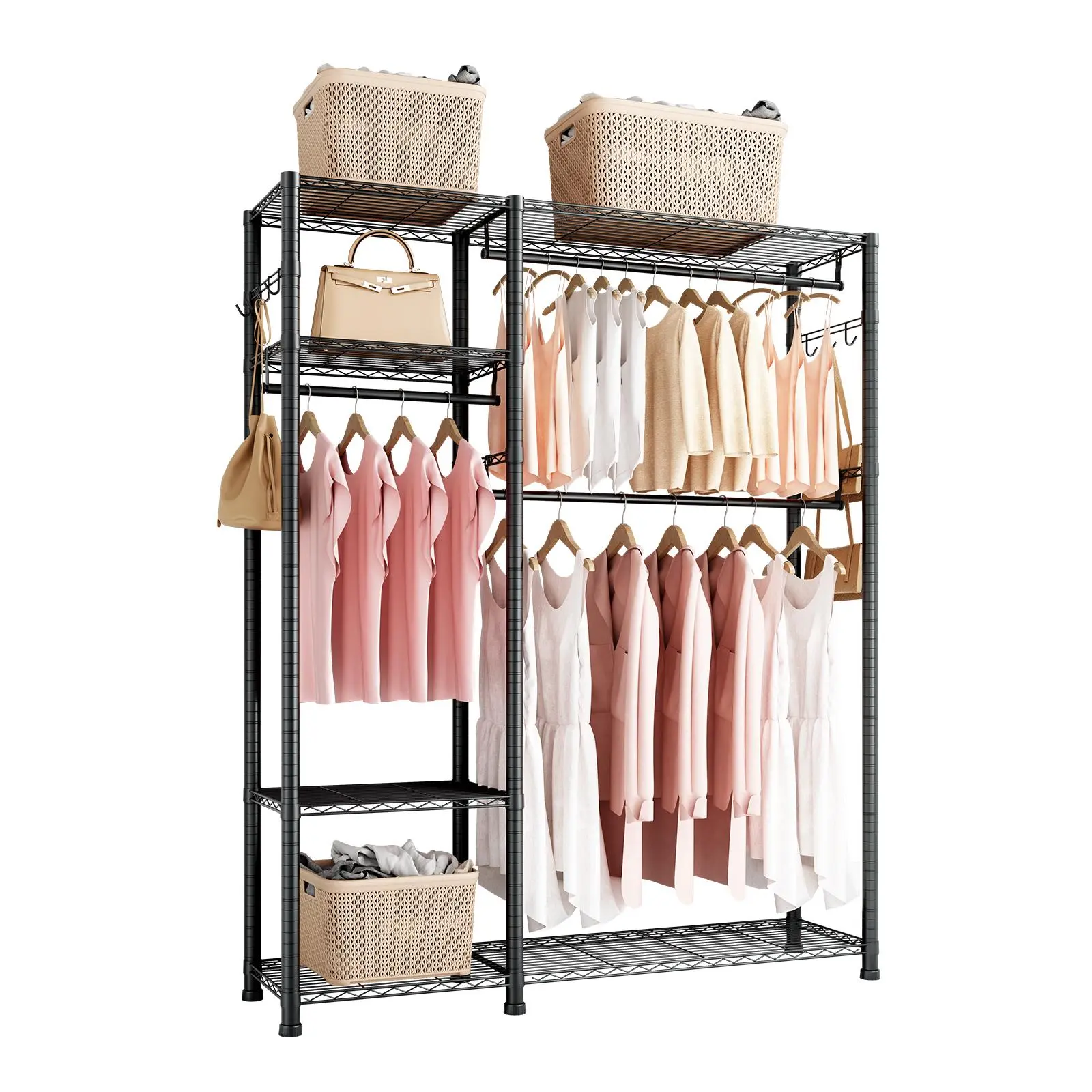 【Summerfinds】VEVOR Heavy-Duty Hangable Carbon Steel Powder Coated Garment Rack Organiser - Anti-Rust, Corrosion Resistant, 6 Adjustable Tiers, 3 Hanging Rods, 800 lbs Load Capacity, Multifunctional Home Organizer for Bedroom, Rubber, Father's Day