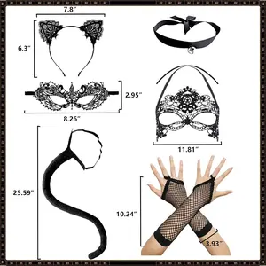 6 Pcs Black Cat Dress Up Set Lace Cat Ears Headband Masquerade Mask Animal Tail Finger Glove for Party Fashion Accessories