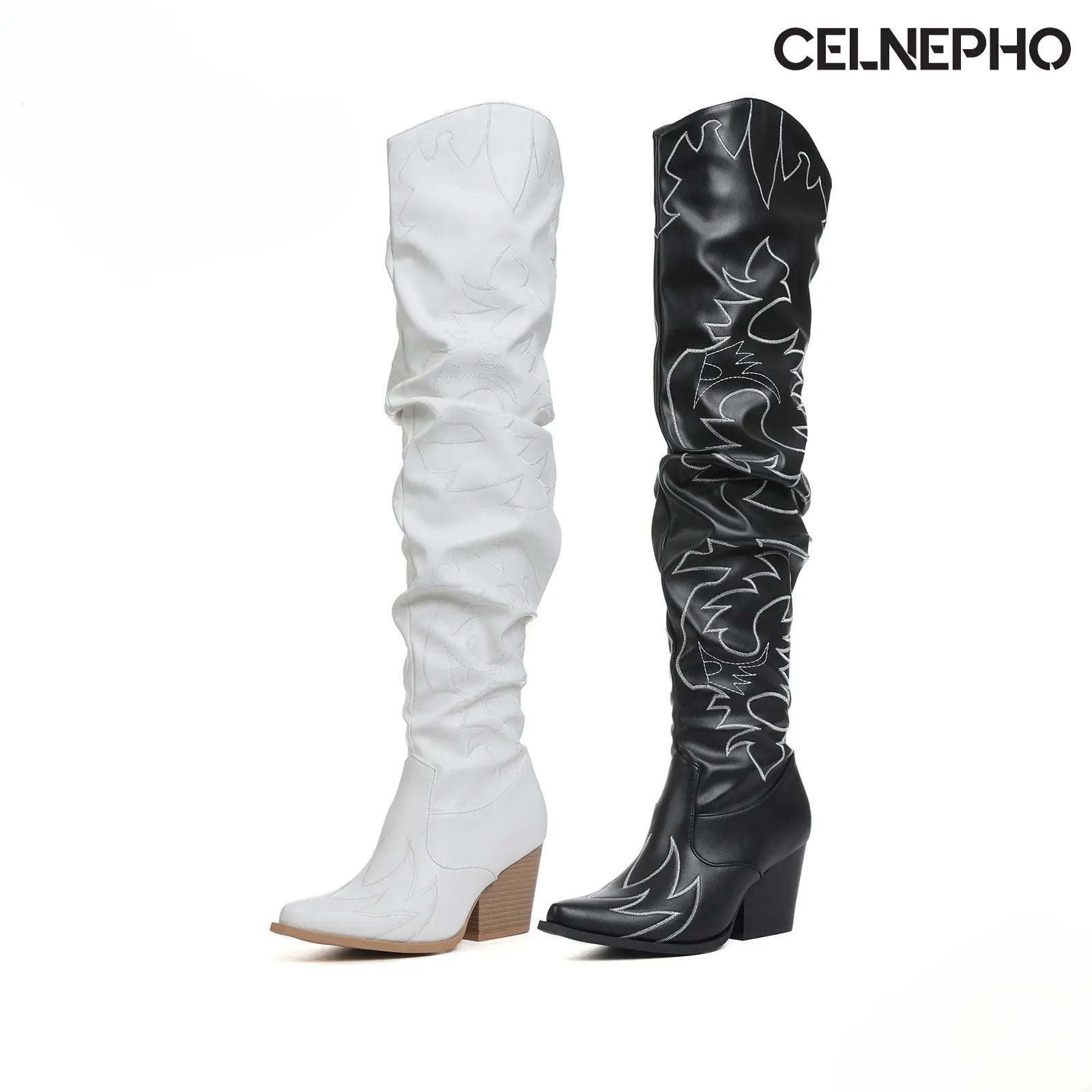 CELNEPHO Women Cowboy Boots Pointed Toe Western Embroidery Design Over the Knee Boots Chunky Block Heel Easy Pull on Cowgirl Boot Work Cosplay Events Date Country Wedding Trendy Dress Shoes